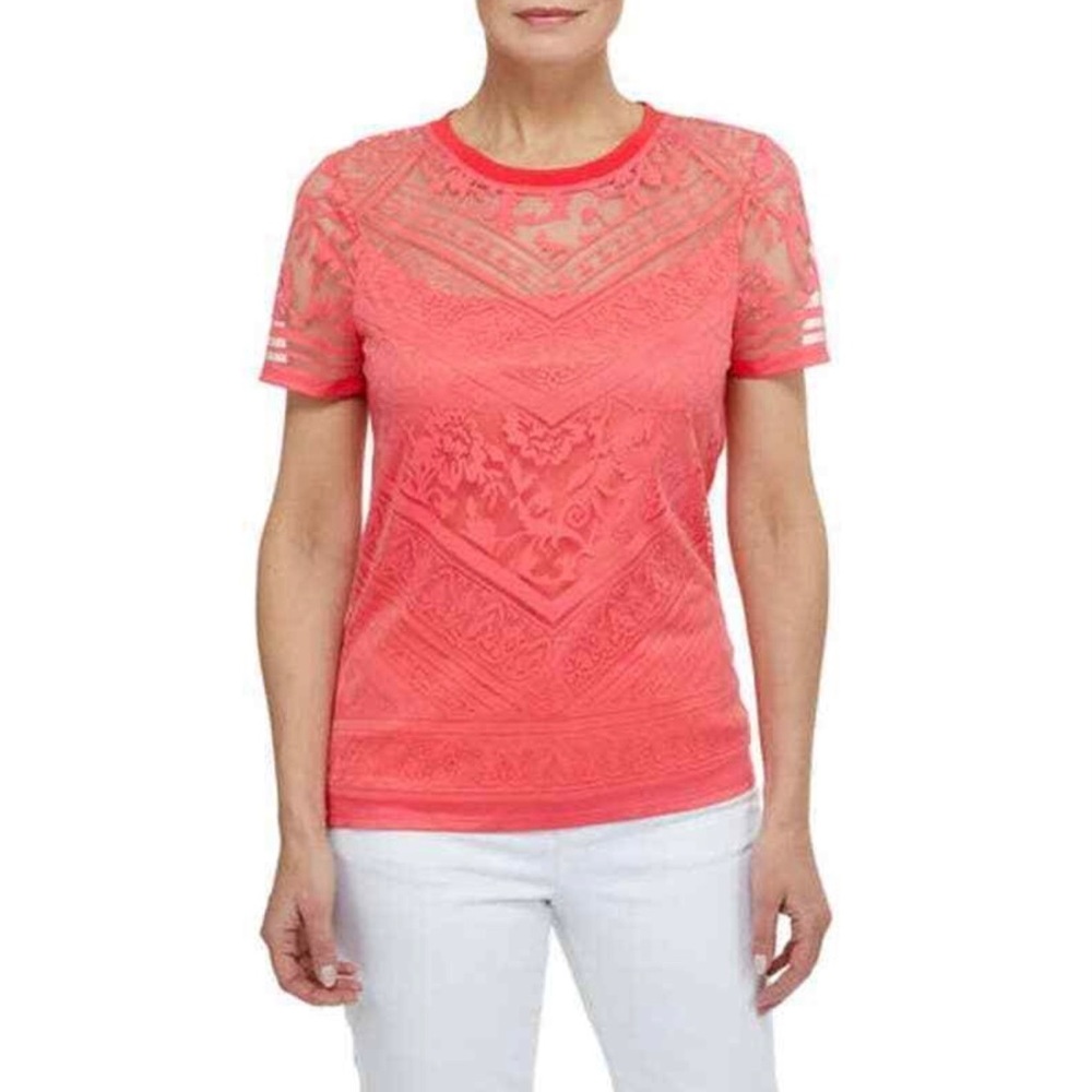 Laundry By Shelli Segal Coral Burnout Illusion Short Sleeve Top